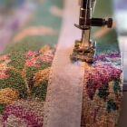 Sewing on the velcro to a vintage barkcloth blind
